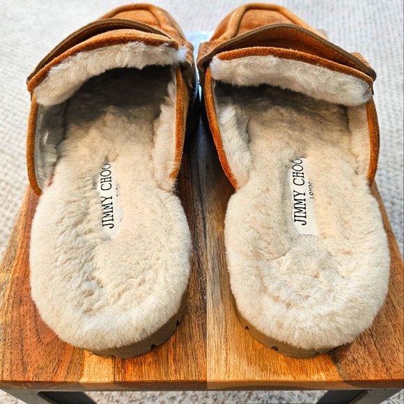 Jimmy Choo Tan Suede Crystal Embellished Shearling Mules - Picture 9 of 11